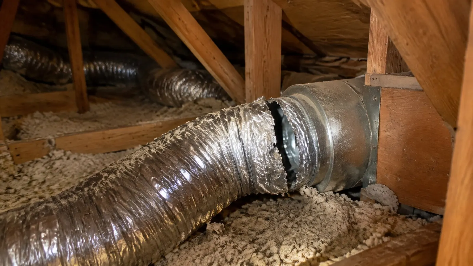Flexible air duct torn loose in a hot attic