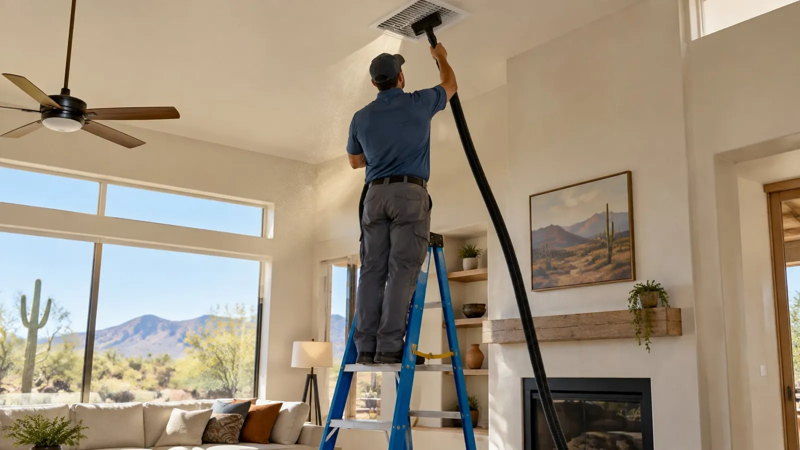 Technician on a ladder vacuuming a ceiling air register with a long hose