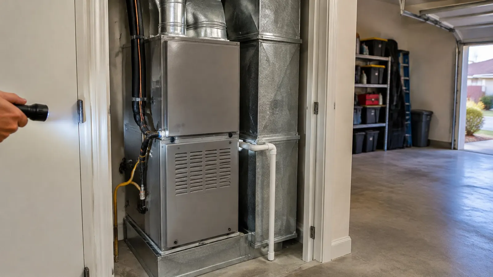 Technician with a flashlight inspecting an air handler in a garage closet