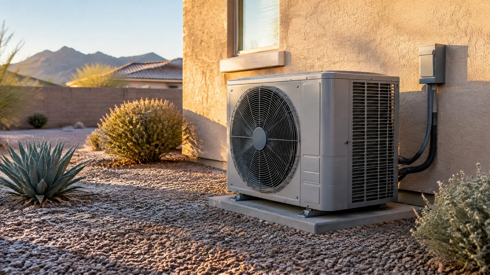 Outdoor heat pump unit beside a stucco wall on a clear winter morning