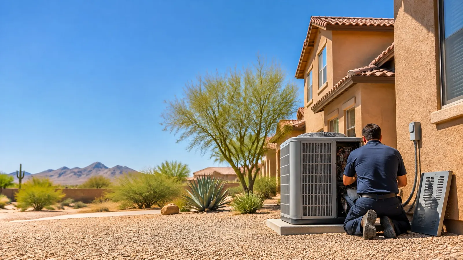 Technician kneeling at an outdoor AC unit beside a two-storey stucco home with desert landscaping