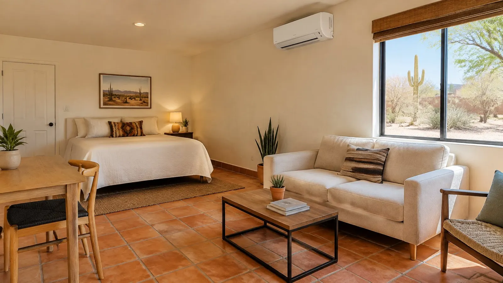White ductless mini-split unit mounted high on the wall of a converted casita with a tile floor