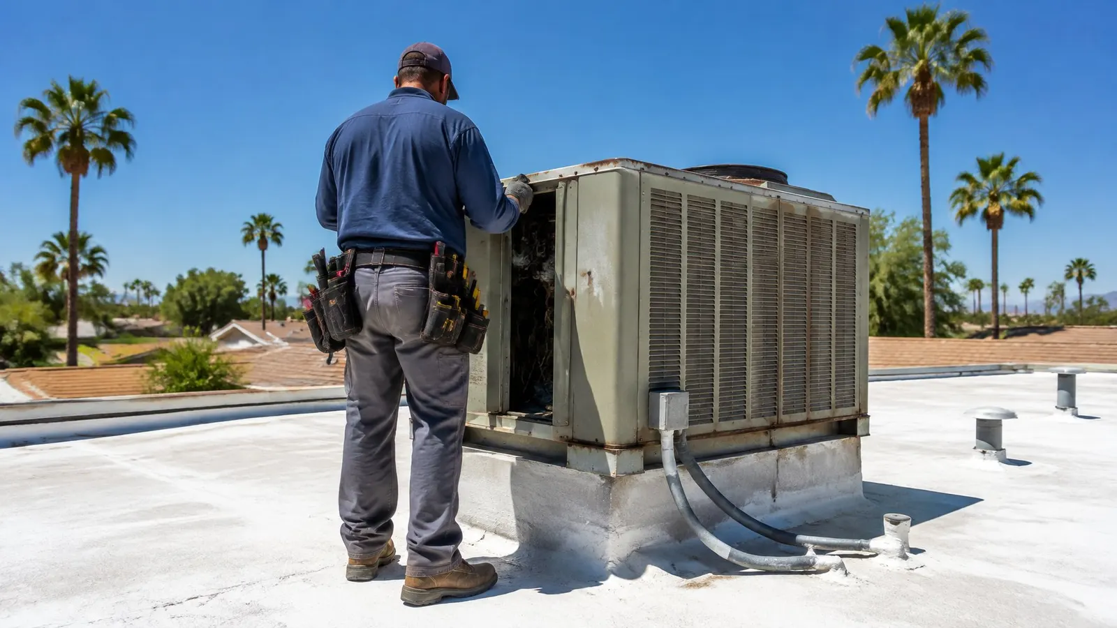 Technician opening a rooftop packaged AC unit on a flat roof