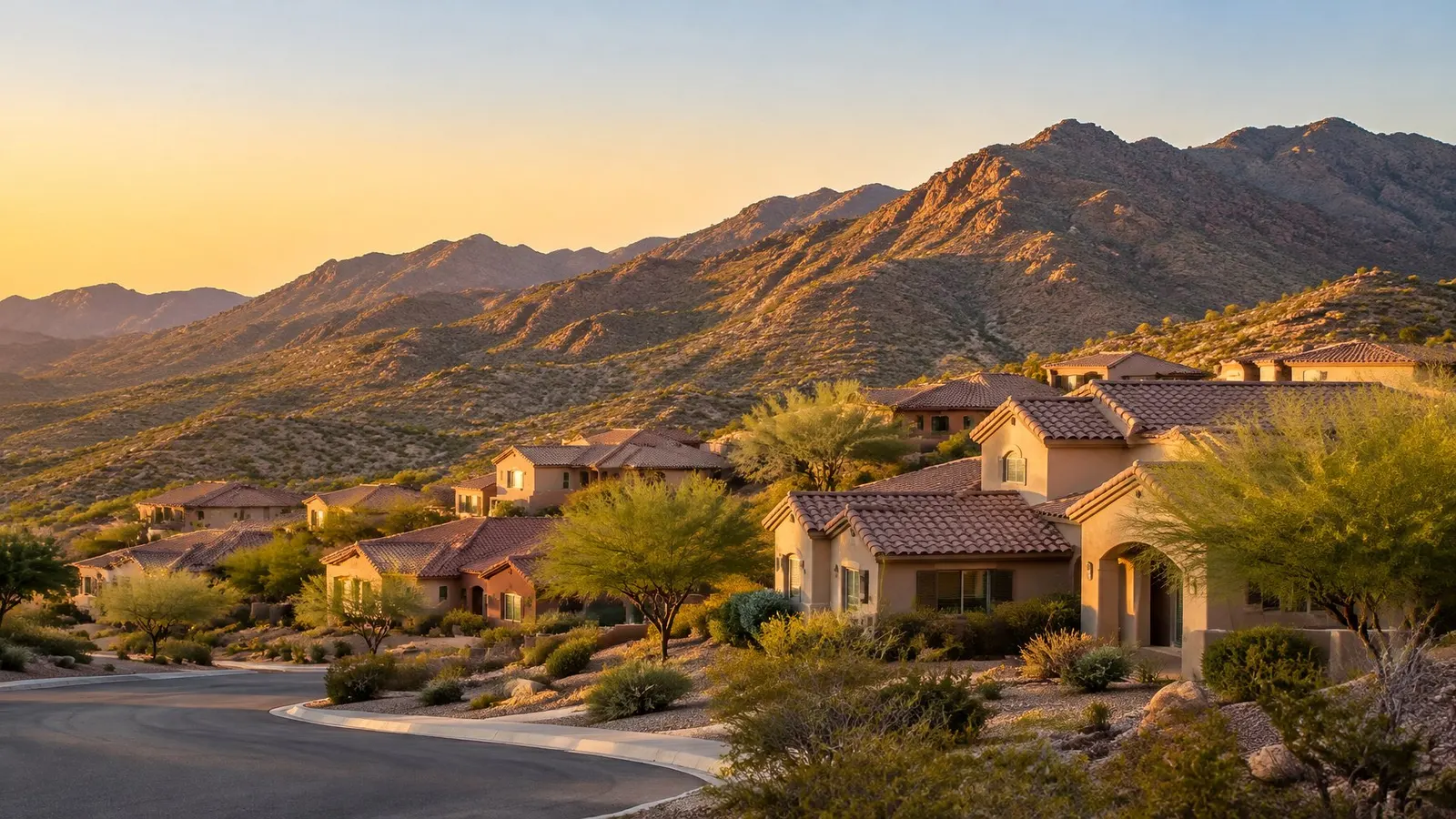 Stucco homes with tile roofs below the desert slopes of South Mountain in Ahwatukee