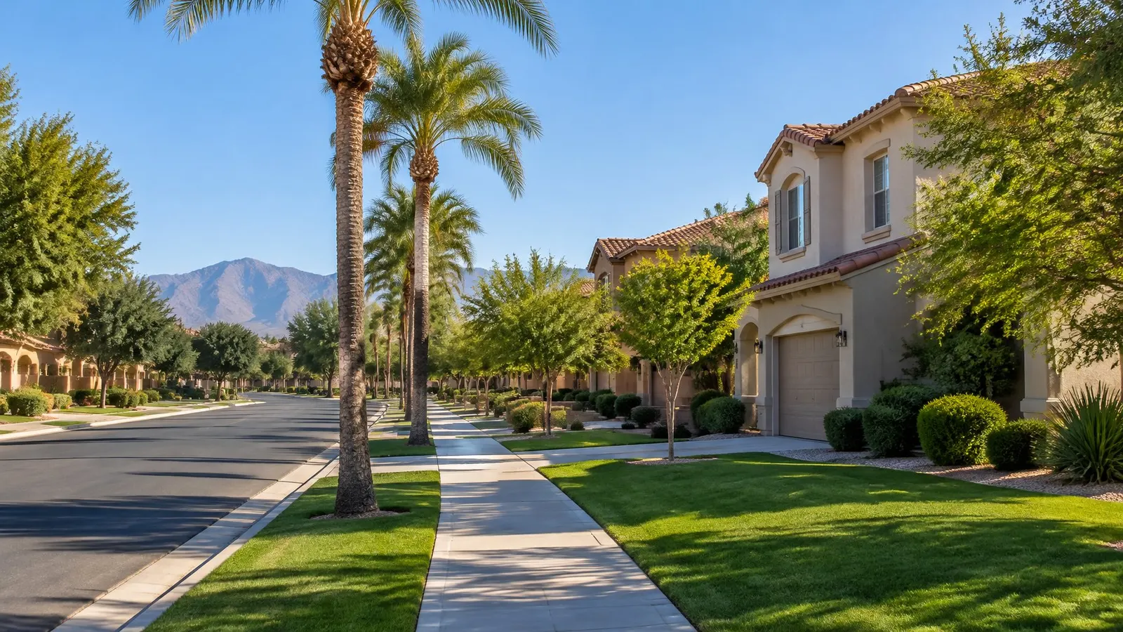 Two-storey stucco homes with tile roofs, green lawns and palm trees on a quiet Gilbert street