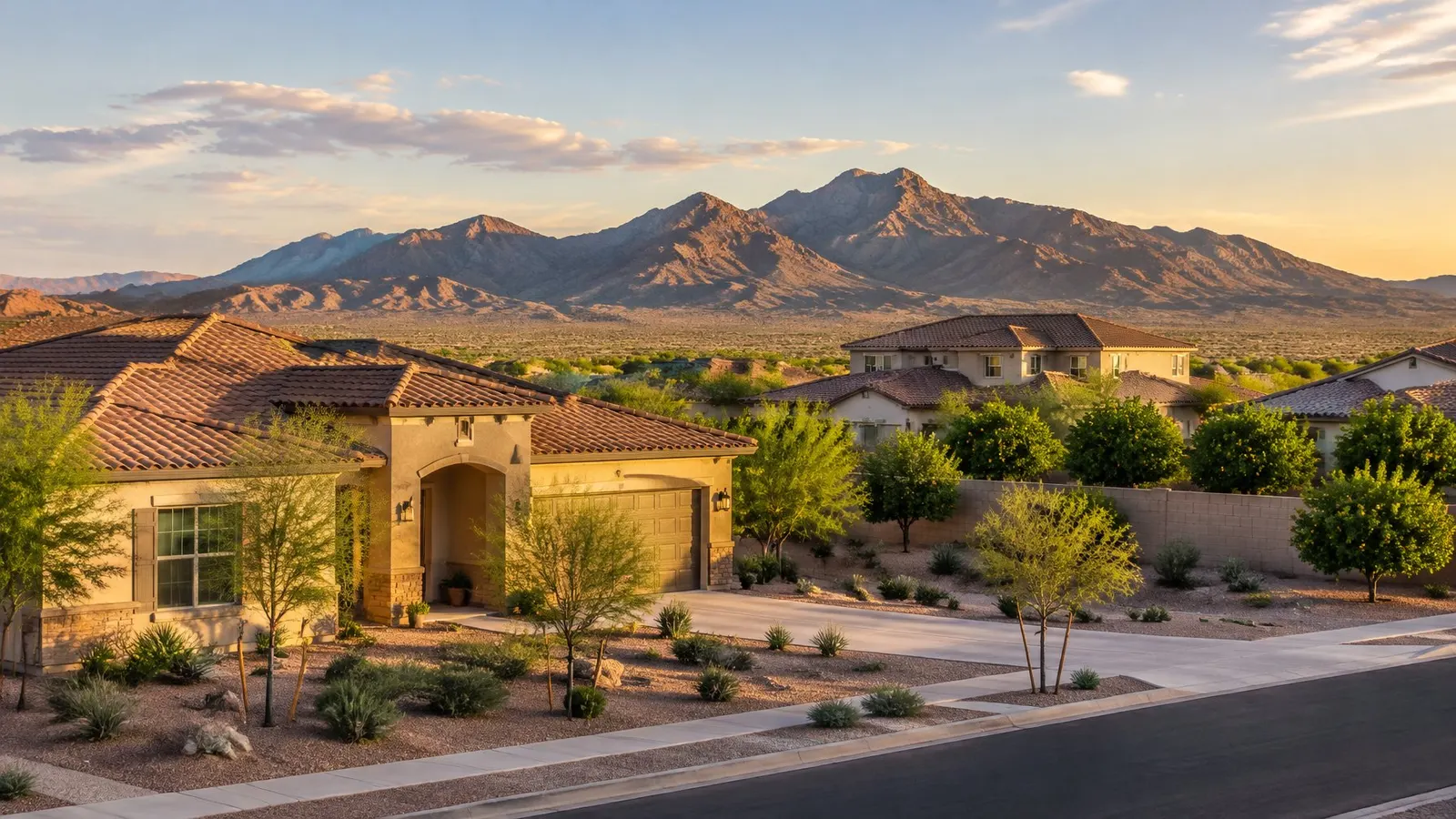 Large new stucco homes on wide lots with the San Tan Mountains behind in Queen Creek